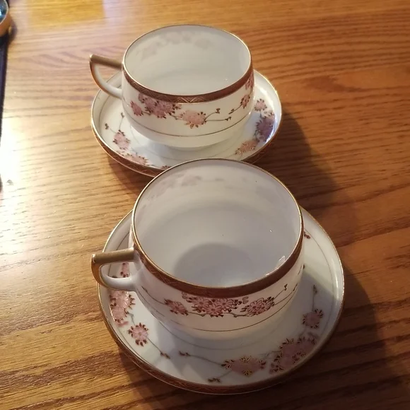 2 Antique Soko China hand painted cherry blossoms footed cup & saucer sets